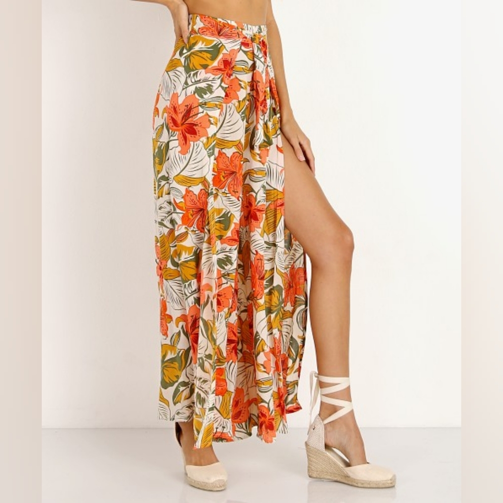 Cleobella Wrap Pants Kauri Floral Tropical Orange Green Wide Open Leg Size S